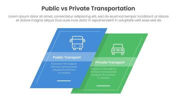 public transport vs personal vehicle comparison concept for infographic template banner with skewed square shape with two point list information vector