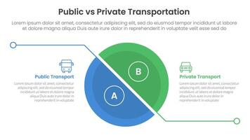 public transport vs personal vehicle comparison concept for infographic template banner with big unbalance skew slice half circle with line separation with two point list information vector