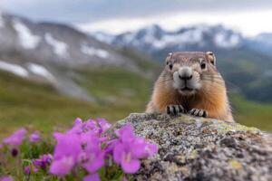 cute marmot peeks out from behind a rock in an alpine valley photo