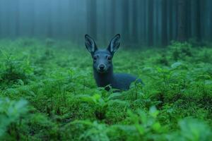 Black young deer in the forest with fog and ferns in the background photo