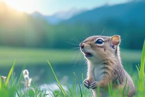 Cute chipmunk standing on the grass, close up portrait photo