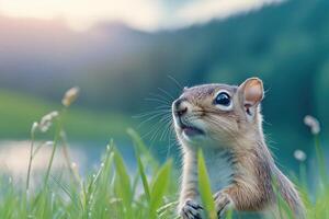 Cute chipmunk in the meadow at sunset time. photo