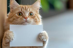 Cute ginger cat with blank sheet of paper. Place for text photo