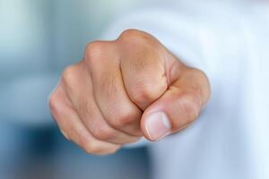 Close-up of a male hand making a fist gesture with a blurred background photo
