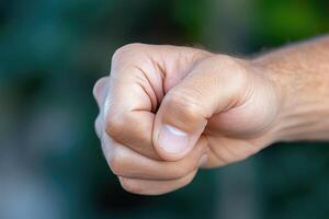 Man's hand with clenched fist on blurred green background, closeup photo