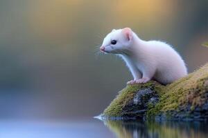 white weasel preparing to jump over water photo