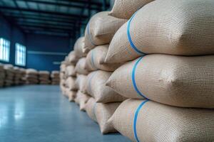 Bags of burlap are stacked in a warehouse. Industrial background photo