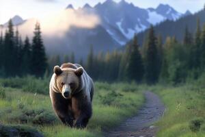Brown bear on the path in mountain forest. photo