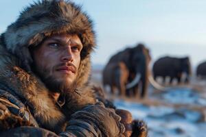 Portrait of a man in a fur coat on the background of mammoths photo