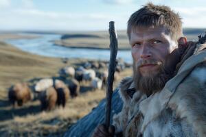 Portrait of a man in a fur clothes on the background of a herd of animals photo