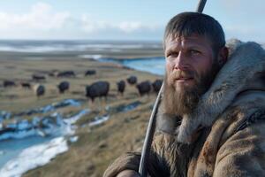 portrait of a man with a beard in a fur coat on the background of a flock of ungulates photo
