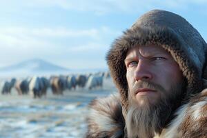 Portrait of a man with a beard in a fur coat against the winter landscape with blurred herd of ungulates photo
