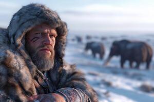 Handsome man in a fur coat in the winter in the steppe on the background of ancient animals photo