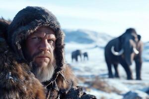 Portrait of a man with a long beard in a fur coat on the background of a herd of mammoths photo