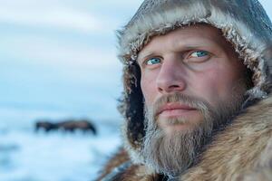 Portrait of a man with a long beard in a fur coat on the background of the winter landscape with grazing animals photo