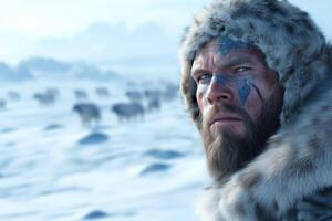 Portrait of a man with a beard in a fur coat on the background of a snowy landscape with wild animals photo
