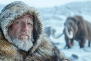 portrait of a man from the Ice Age against the backdrop of mammoths photo