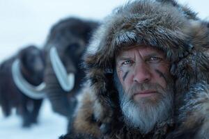 Portrait of a man with a long beard in a fur coat against the background of mammoths photo
