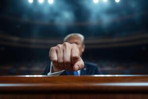 speaker showing clenched fist during public speech photo