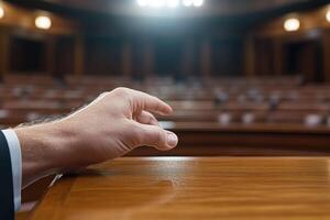 close up of hand pointing finger at audience in conference hall photo