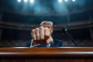 close up of speaker gesturing with clenched fist at rostrum photo
