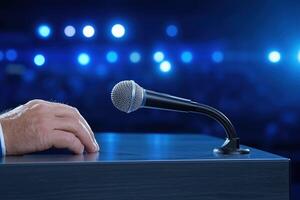 Male hand with microphone on podium of conference hall background, public speaking concept photo