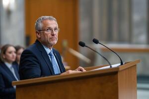 Portrait of a senior man giving a speech at the conference hall photo