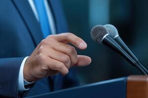 close-up of speaker's gesturing hand in front of microphone photo