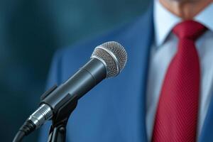 Close up of microphone in front of blurred man in suit and tie, public speaking concept photo