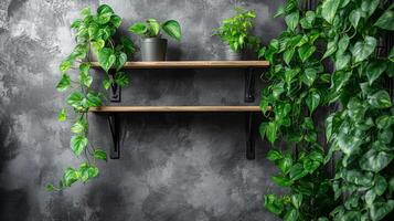 A shelf with plants on it against a wall photo
