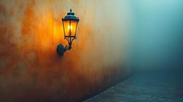 An old street lamp on a foggy night photo
