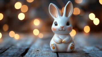 A white rabbit figurine on a wooden table photo