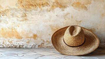 A straw hat sits on a tiled floor photo