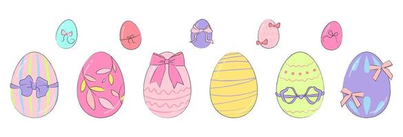 Collection of colorful Easter eggs with decorative bows and patterns in pastel tones. Cute hand drawn isolated decoration elements in vintage coquette style for spring banner, poster, greeting cards. vector