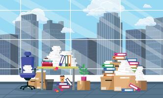 Office workplace with piles of documents and boxes against the background of a window and buildings. vector