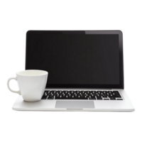 ordenador portátil y taza en un mesa en contra un transparente antecedentes png