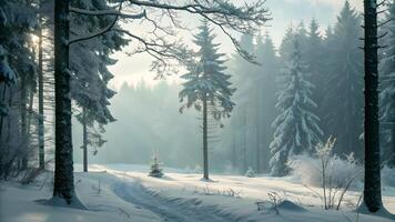 Scenic Winter Forest Landscape with Snow-Covered Trees photo