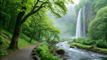 Tranquil Waterfall Scene in Lush Green Forest Landscape photo
