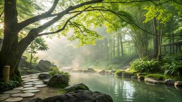 Serene Forest Stream with Stepping Stones and Lush Greenery photo