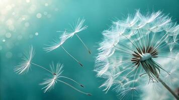 Delicate Dandelion Seeds in Soft Teal Bokeh Background photo