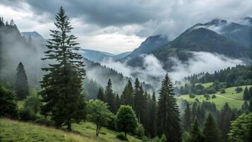 Majestic Misty Mountain Forest Landscape with Tall Pine Trees photo