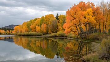 Vibrant Autumn Trees Reflected in Calm Lake Surrounded by Nature photo