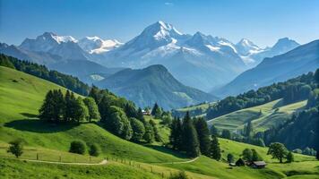 Breathtaking Alpine Landscape with Verdant Meadows and Snowy Peaks photo
