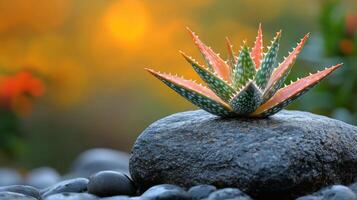 A small plant sits on top of a rock photo