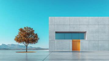 A tree and a concrete building in front of a lake photo