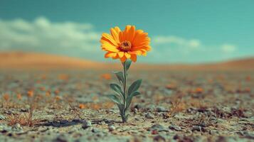 A single orange flower in the middle of a desert photo