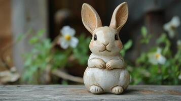 A small white rabbit statue sitting on a wooden table photo