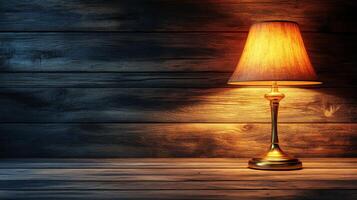 A lamp on a wooden table in front of a wall photo