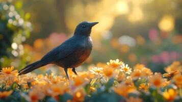 A black bird standing in a field of flowers photo