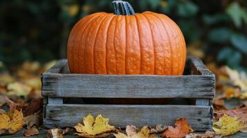 A pumpkin sitting in a wooden crate with leaves photo